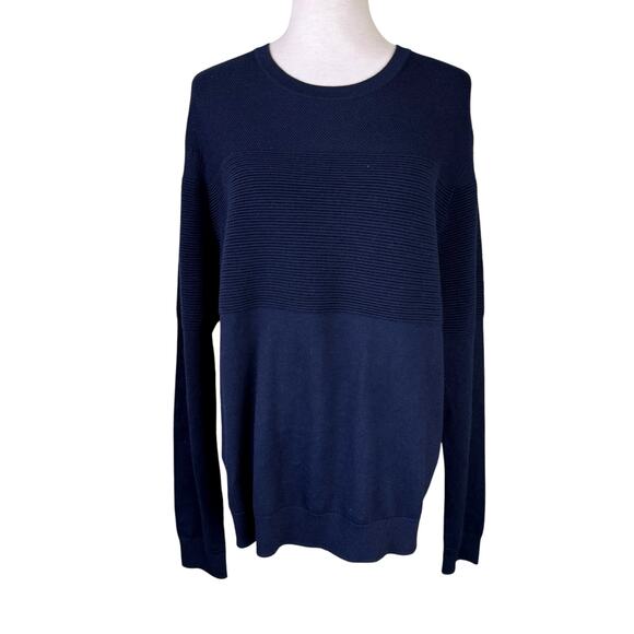 Saks Fifth Avenue Men's Unisex Navy Blue Wool Blend Ribbed Knit Sweater - Picture 1 of 11